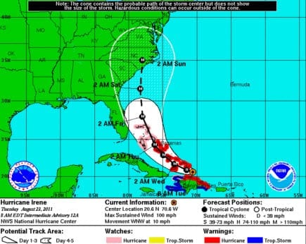 Hurricane Irene's Predicted Path