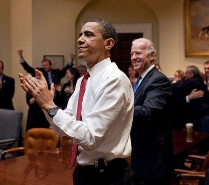 Obama reacting to the health care reform in 2010