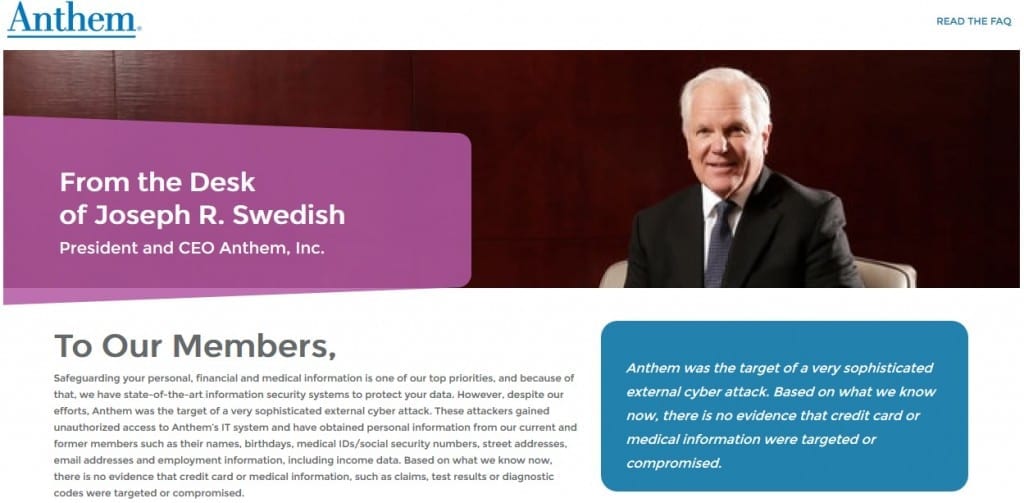 Anthem insurance company cyber attack letter screen cap