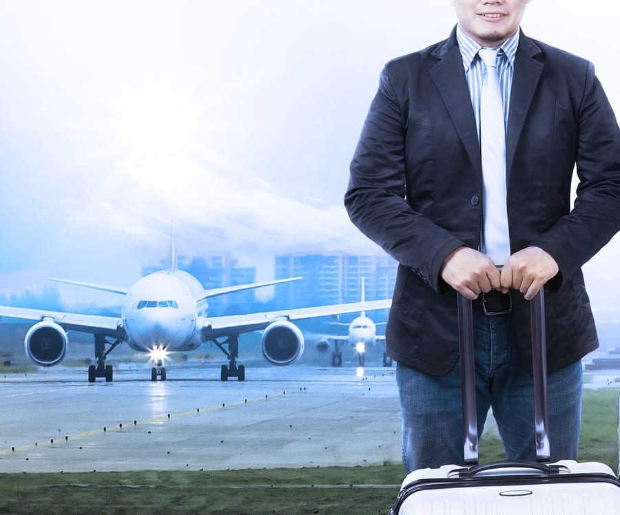 Travel insurance Young Man Luggage Staning In Front Of Air Plane