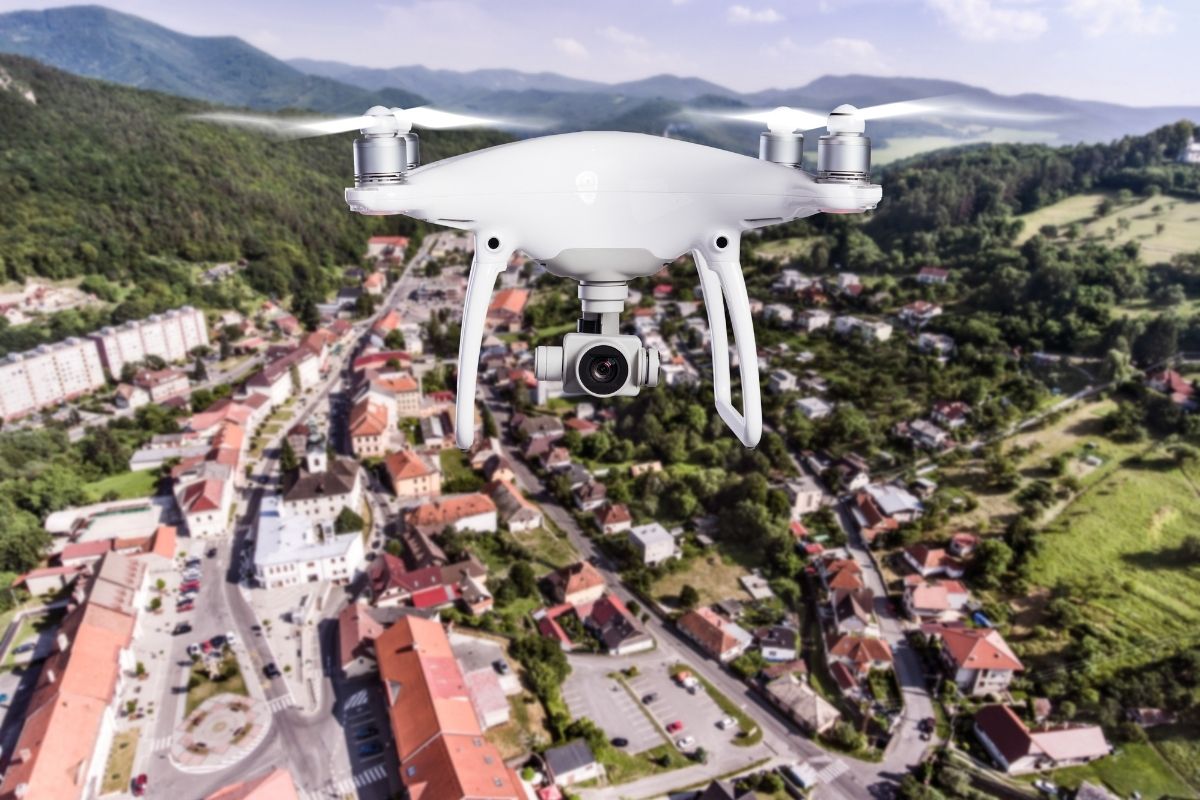 Insurance Company - Drone flying over buildings