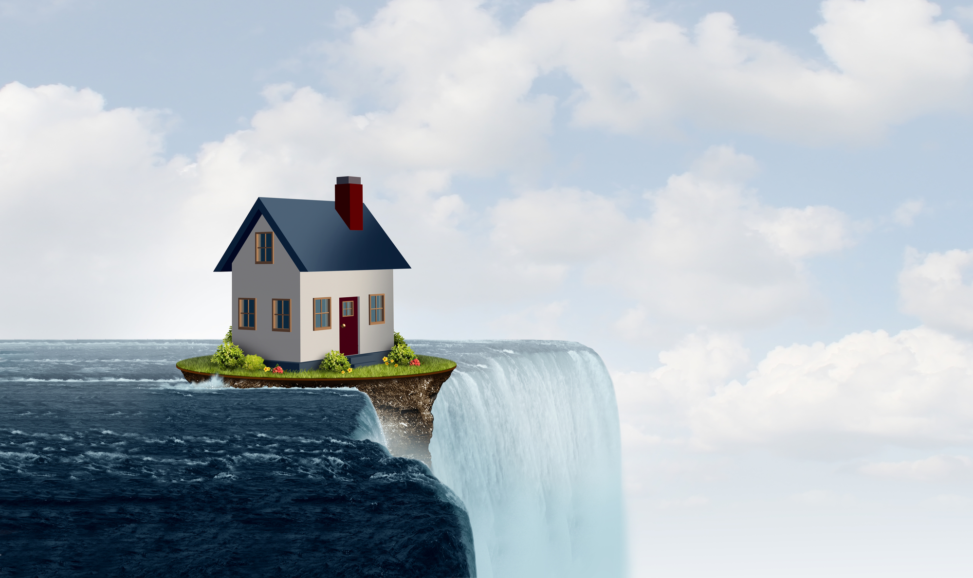 Farmers Insurance - Home on a cliff by waterfall
