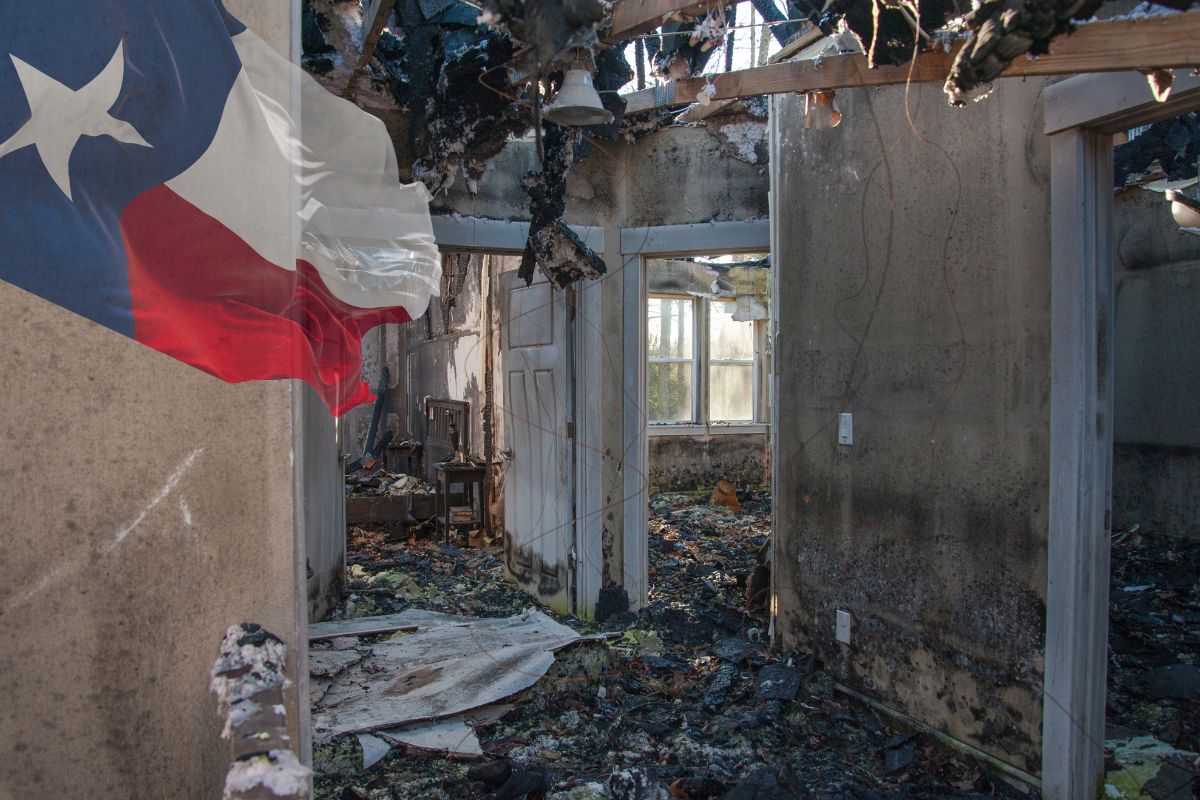 Home insurance - fire destruction inside home- Texas flag