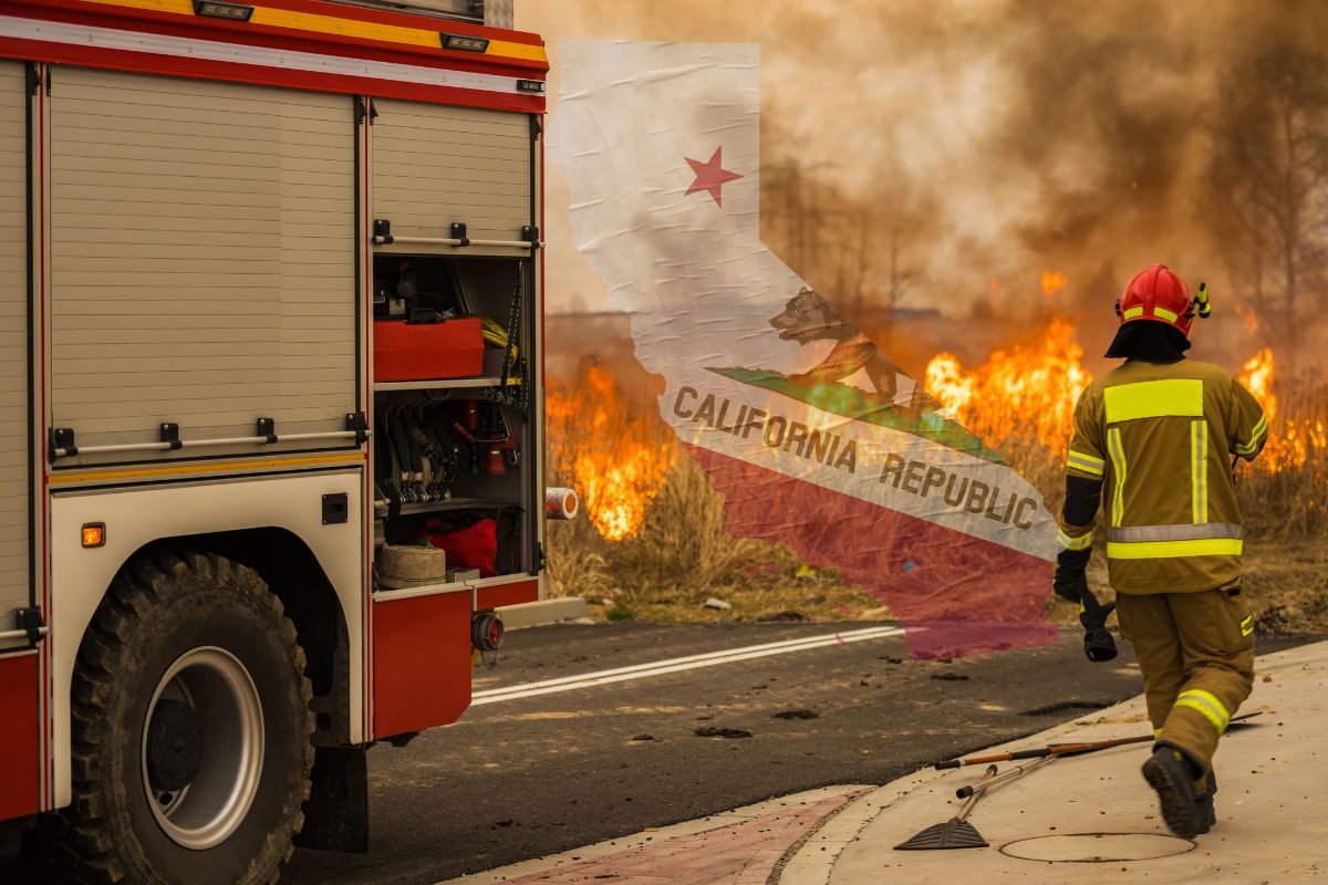Property insurance - Fire fighter near wildfire blaze - California Flag