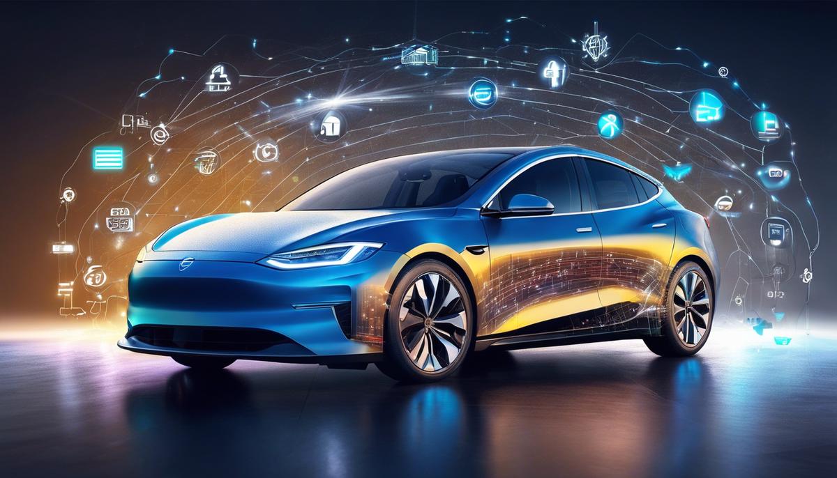 Image depicting an electric vehicle surrounded by technology symbols and data streams, representing the impact of EVs and tech on insurance rates