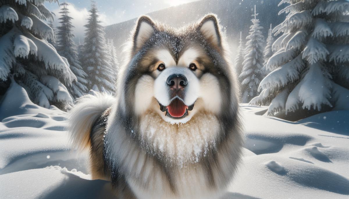 A majestic Alaskan Malamute standing proudly in the snow