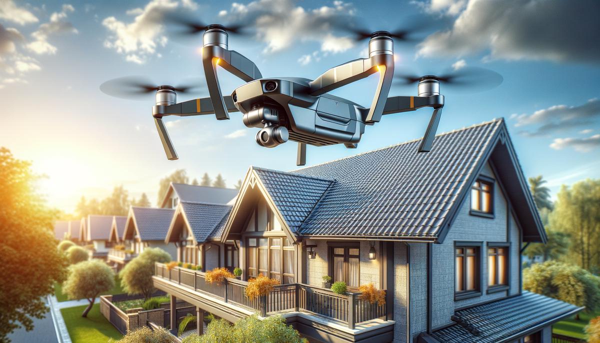 Rising Non-Renewals of Home Insurance: Navigating the Wave and Preparing for Inspections 3 A drone hovering over a rooftop, capturing images for a home inspection to avoid non-renewals