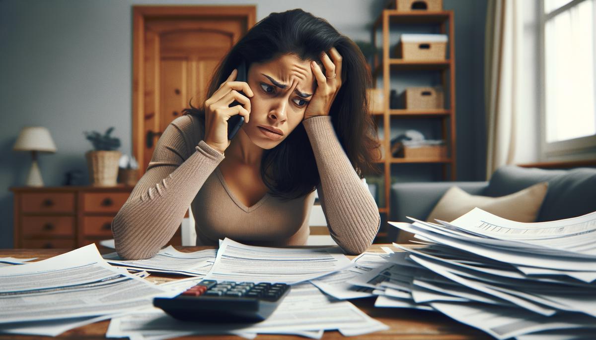Top Insurance Companies: Unpacking Auto Insurance Claims Criticisms 4 A frustrated customer surrounded by insurance paperwork and on the phone