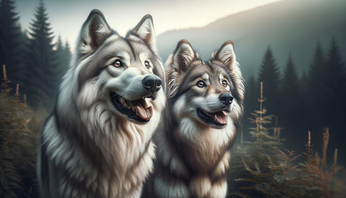 An image of two wolf hybrids standing next to each other, with one looking up with its tongue out and the other looking straight ahead and alert.